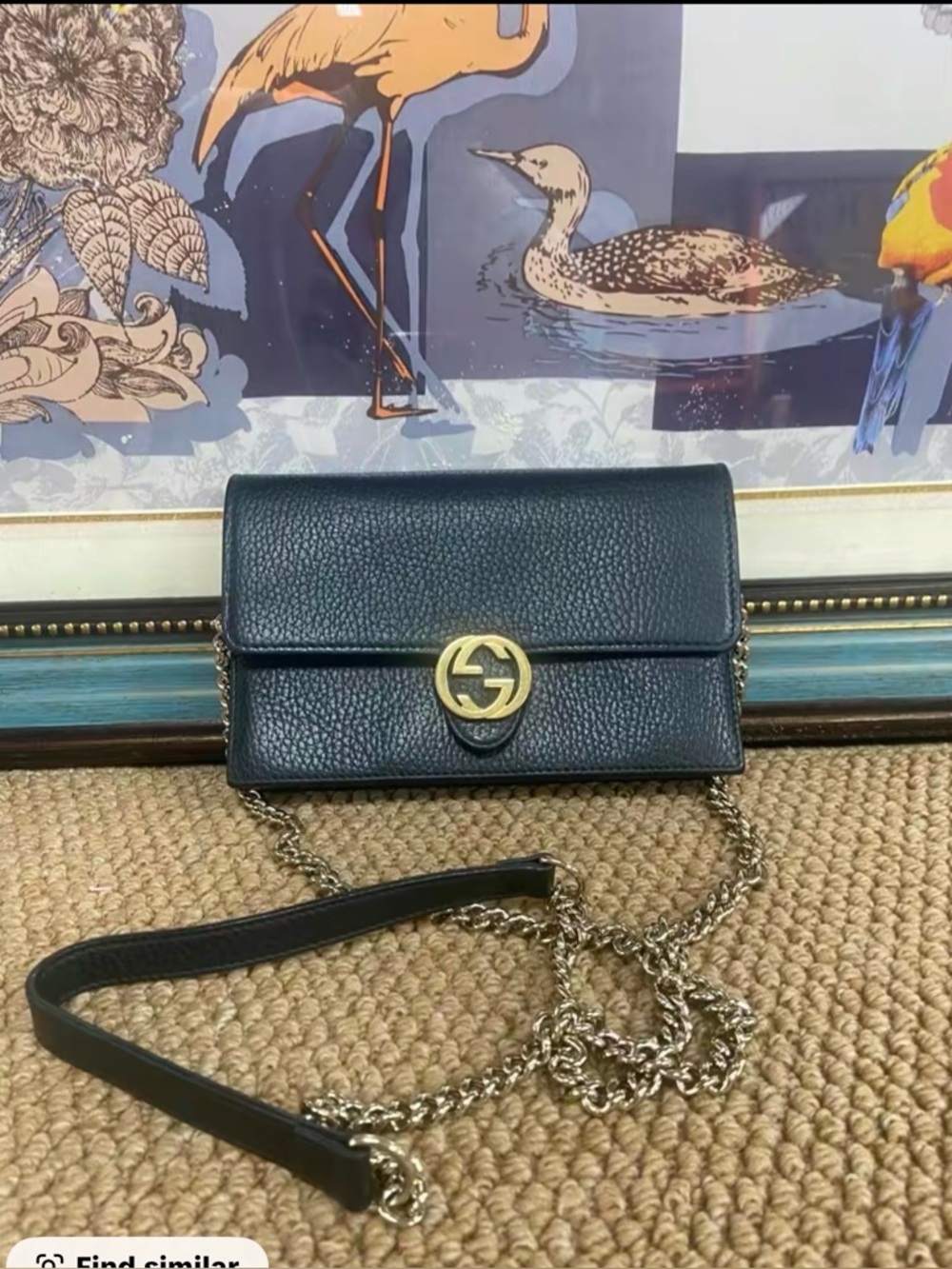 Gucci Black Pebbled Leather Mini Chain Crossbody with Gold GG